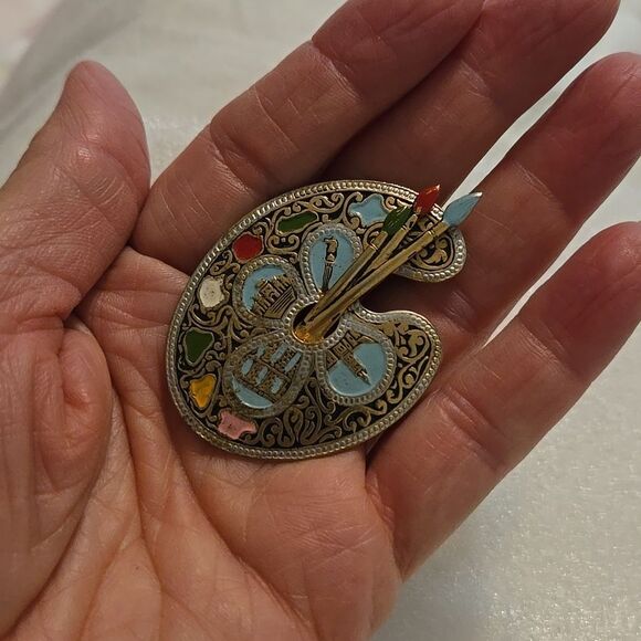 Damascene Pin Brooch Artist Palette Paint Brushes Vintage Enamel Spain - Picture 9 of 11